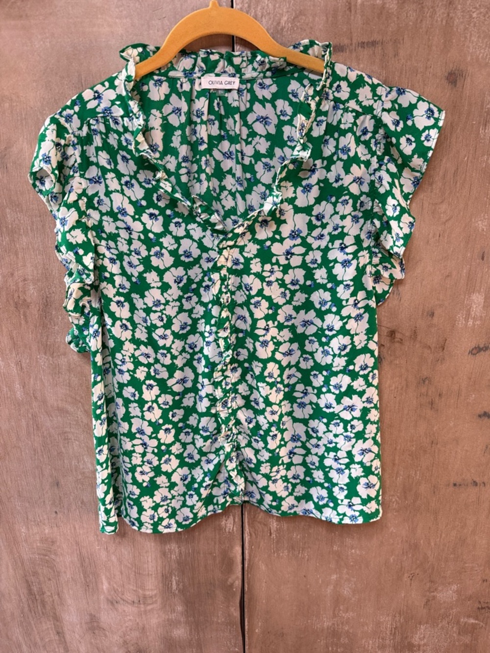 Olivia Grey Green Floral Ruffle-Trim Blouse